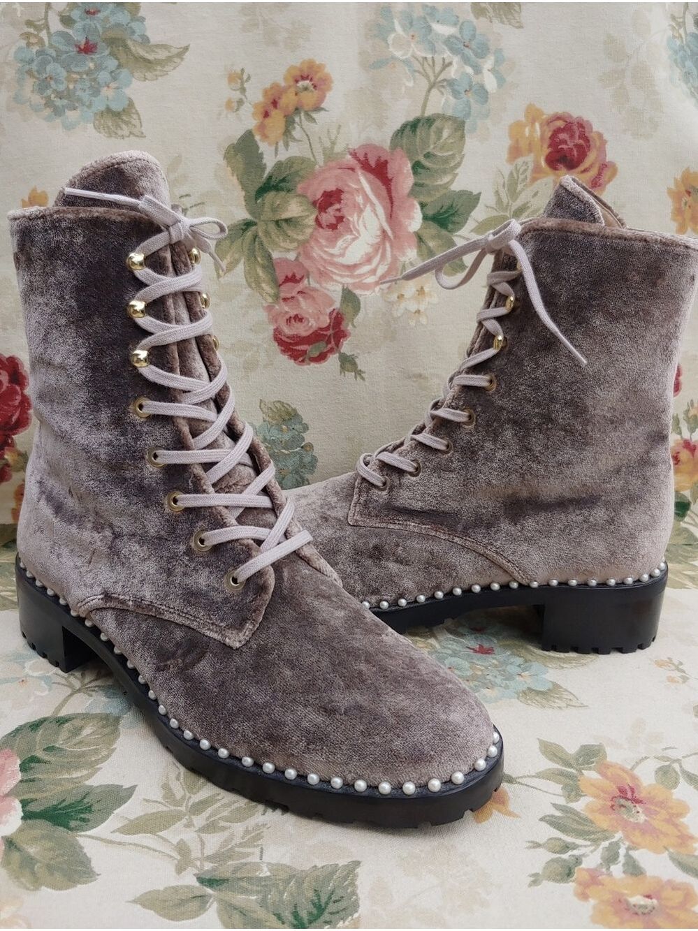 Stuart Weitzman Allie Velvet and Pearl Combat Boots Desert Rose Women's 9
